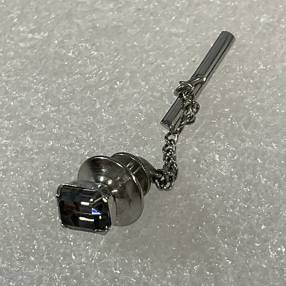 Vintage Tie Tack With Opaque Center Accent On Silver Toned Pin With Bar Chain